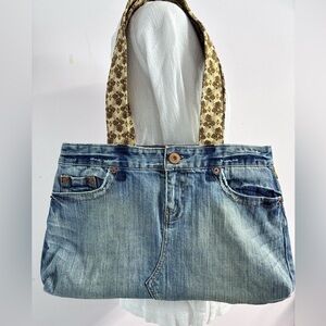 Handmade/Upcycled Denim Shoulder Bag, Blue/Brown, Casual